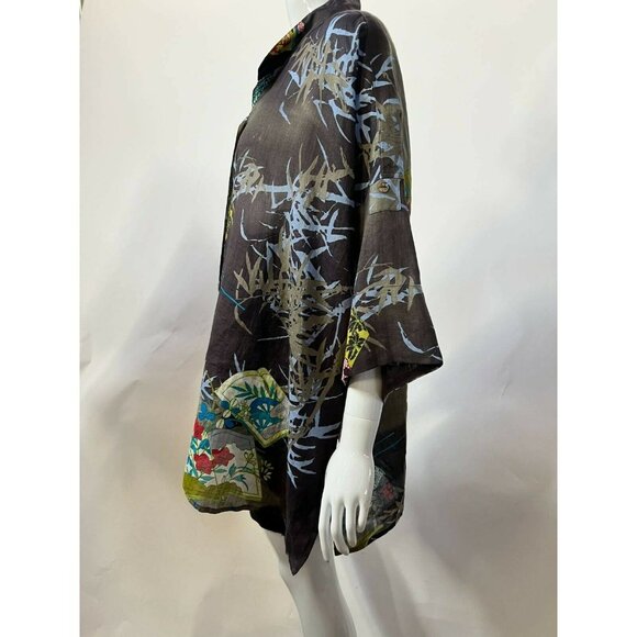 Citron Bohemian Kimono Shirt With Artistic Floral Print & Button Closure Sz 1X - Picture 10 of 12